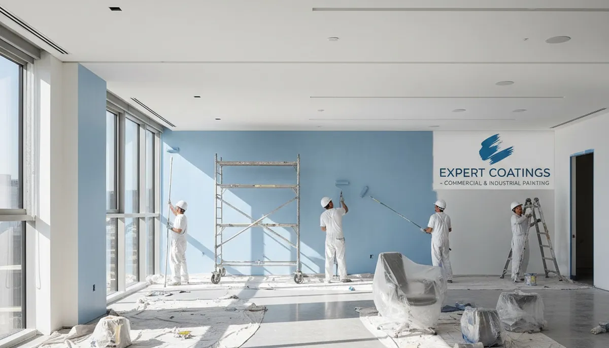 Commercial painting crew in St Petersburg, FL applying durable exterior coatings to a business building