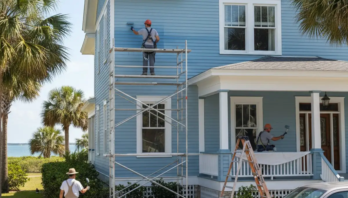 Professional painters in St Petersburg, FL painting a home exterior for a clean, finished look